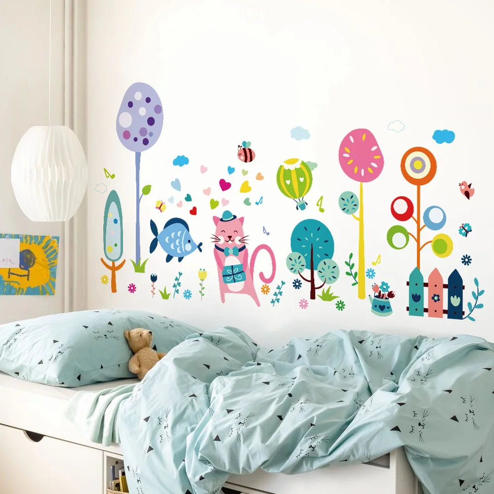Cartoon Animals Garden Wall Stickers For Kids Room Home Background Wall Decor Bedroom Creative Self Adhesive Vinyl Glass Sticker