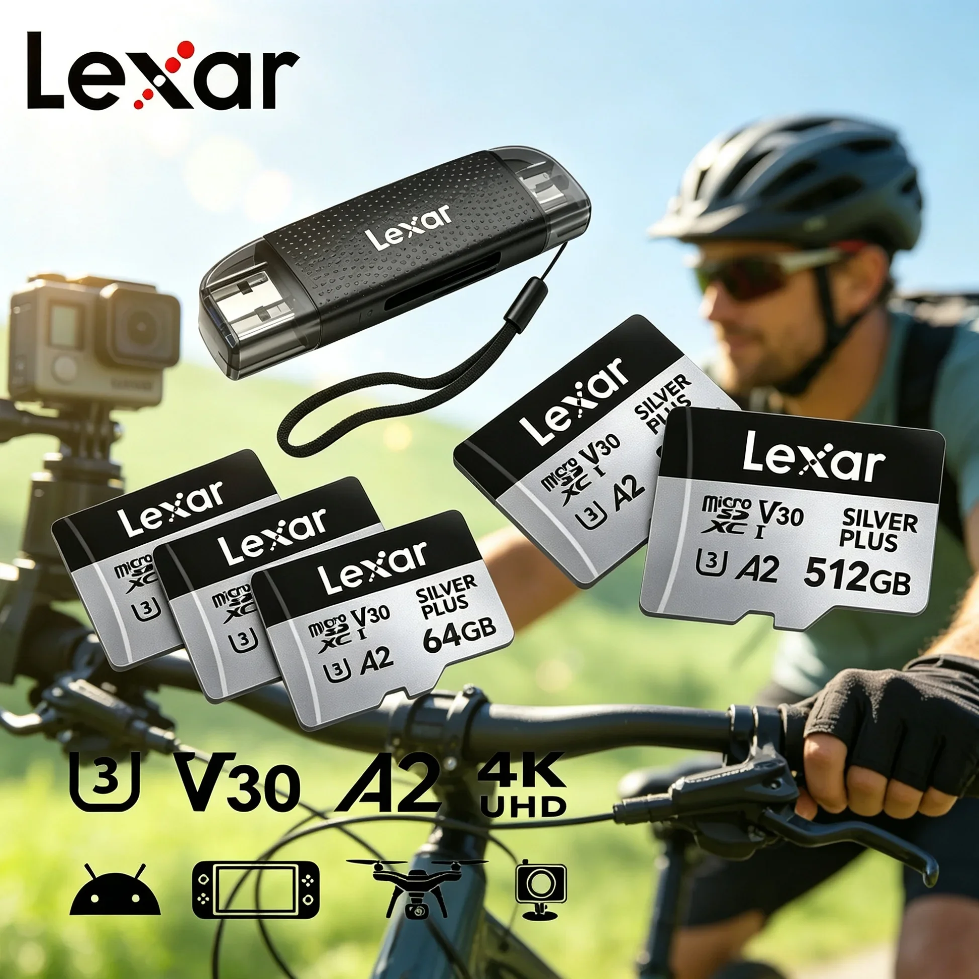 Lexar Silver Plus TF MicroSDXC Memory Card V30 A2 205MB/s 4K for DJI Drone Security Camera 64GB 128GB 256GB 512GB 1TB