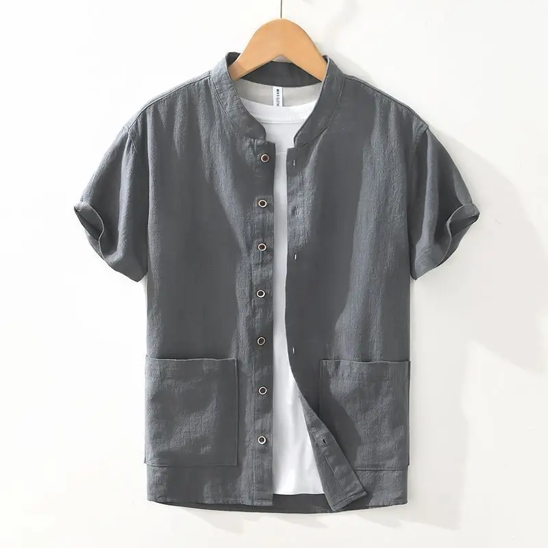 Summer Retro Men Short-sleeved Thin Multi-pocket Loose Solid Color Stand Collar Wear Casual Shirt