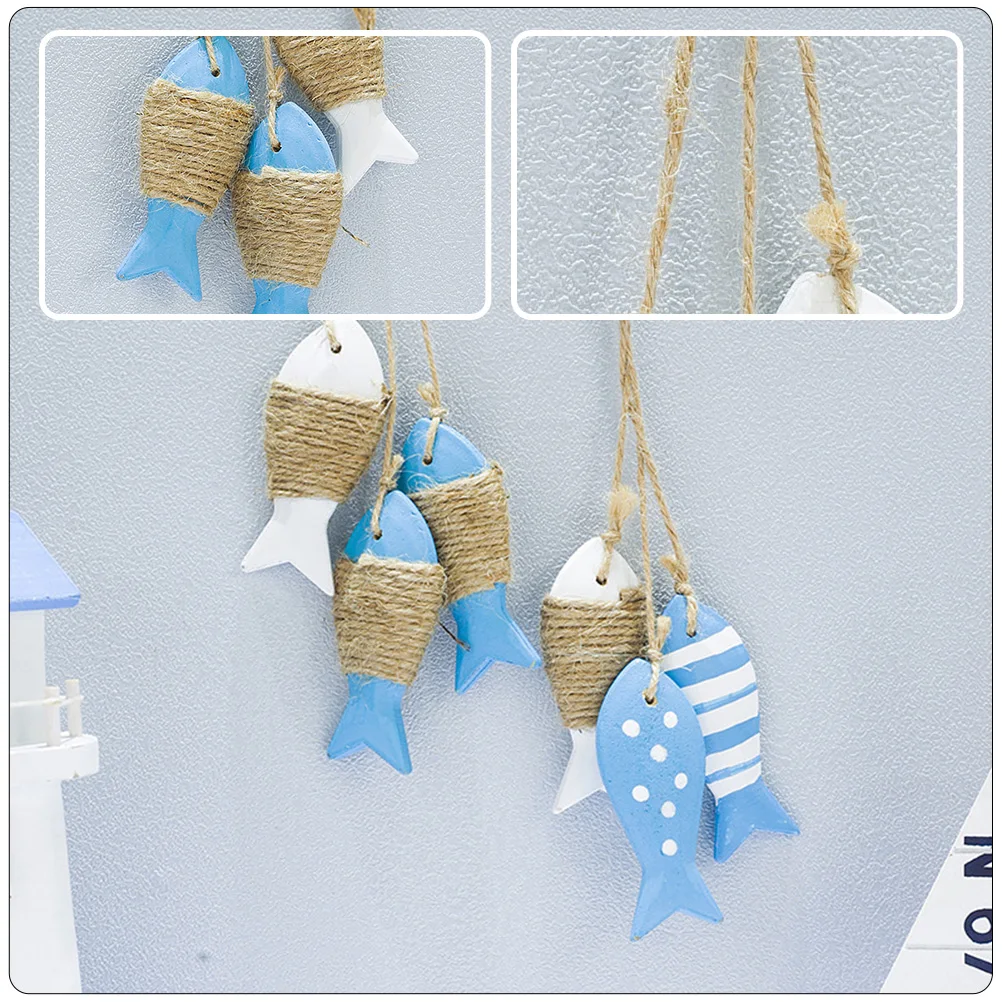 

2 Pcs Rope Small Fish Pendant White Dot Design Mediterranean Style Wall Hanging Home Decor Wooden Fish Ornament