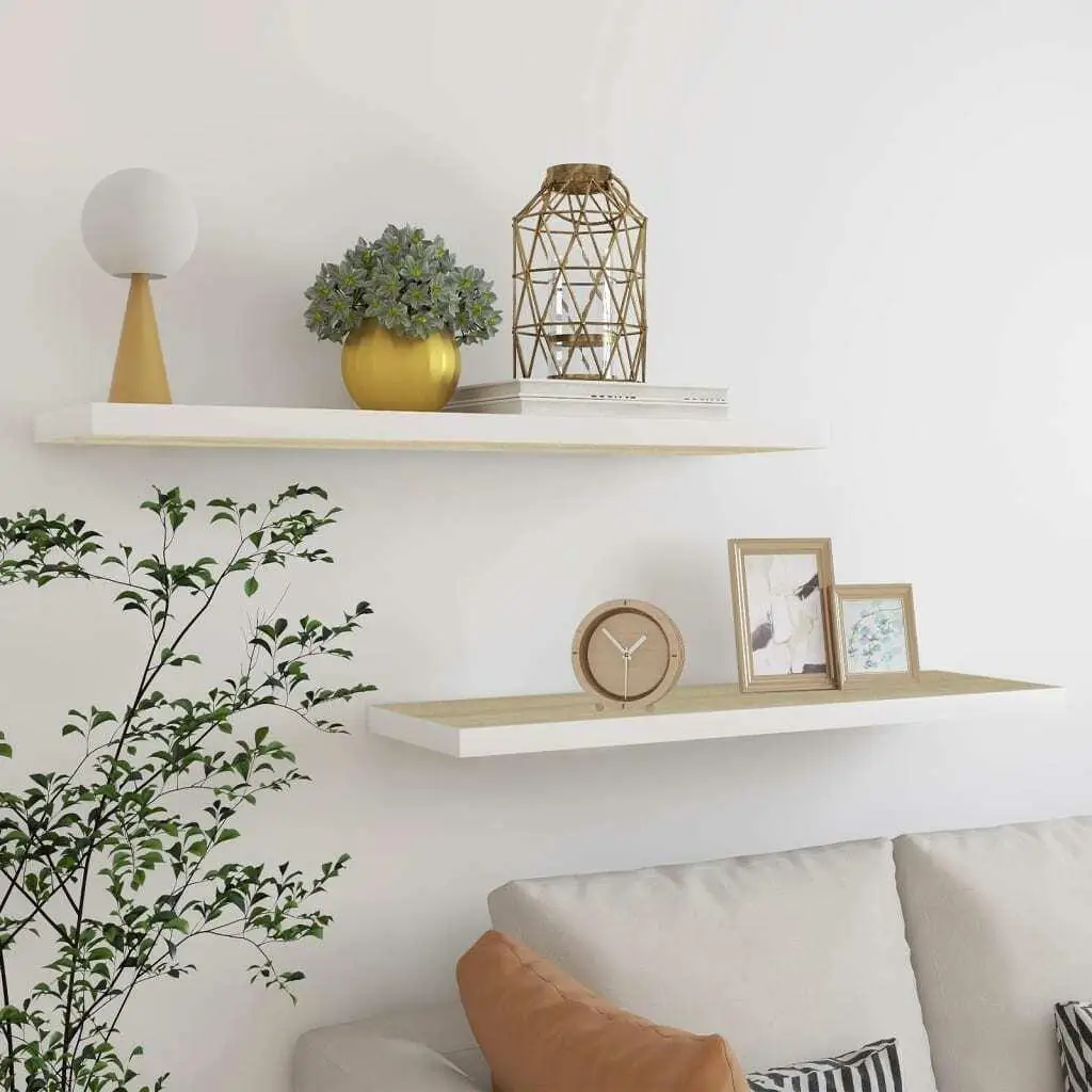 

2Pcs Floating Wall Shelves, Oak & White MDF, 35.4x9.3x1.5, Stylish Storage Solution