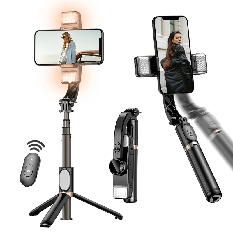 

Q08d Twin Fill Lights Gimbal Stabilizer Selfie Stick Tripod 360 Rotation Handheld Phone Holder Tripie Cell Stand