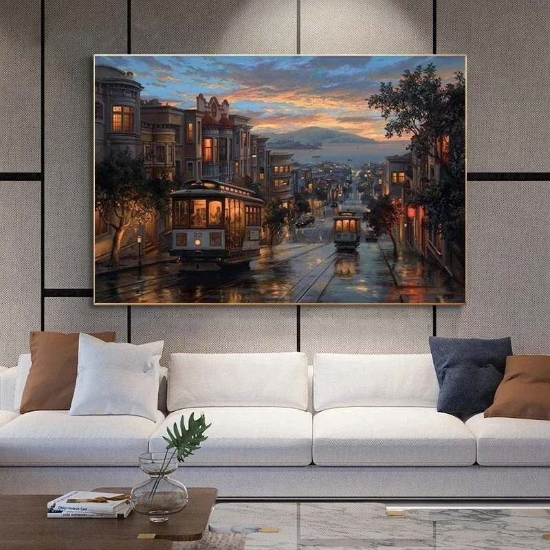 Classic Vintage Wall Art City Street Evening View, HD Canvas Print Poster, Home Living Room Bedroom Decorative Painting