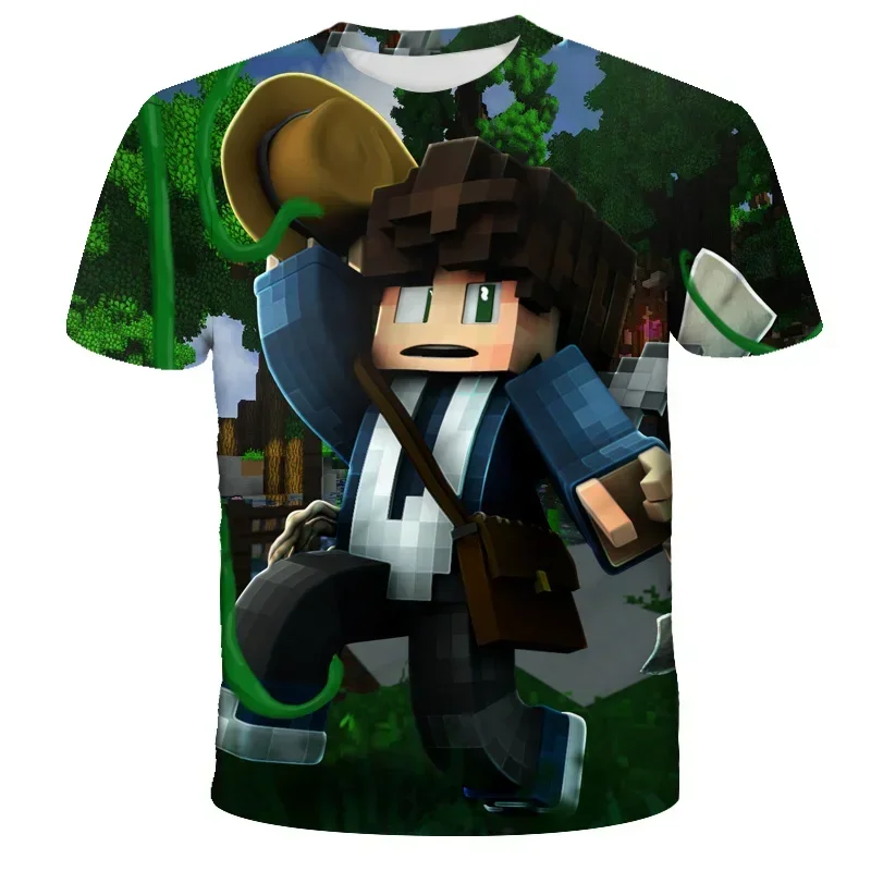 Camiseta Infantil Minecraft 3D Estampada Casual de Verão para Meninos e Meninas, Camiseta de Desenho Animado com Blocos de Montar, Tops Populares para Uso Interno e Externo