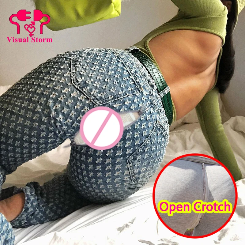 Woman Open Crotch Jeans Dot Decor Female High-Waist Wide-Leg Sexy Pants Hidden Zippers Clubwear Crotchless Cloth Trousers