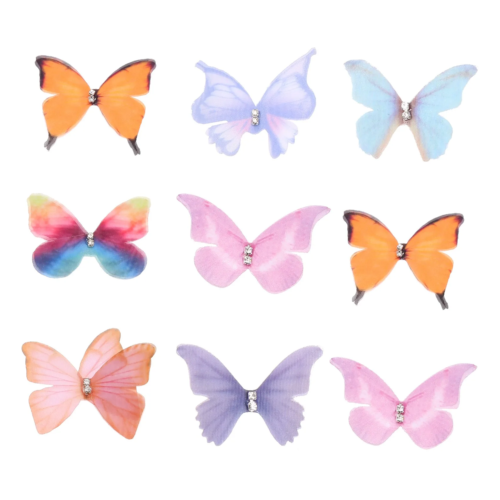 50Pcs Gradient Color Organza Fabric Butterfly Appliques 38Mm Translucent Chiffon Butterfly for Decor, Doll Embellishment