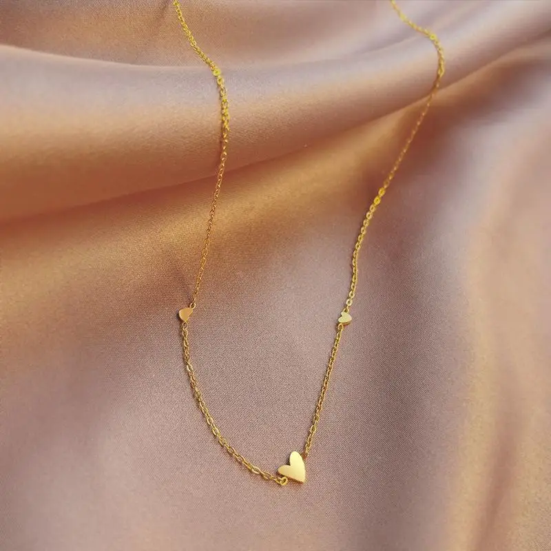 Stylish Stacked Choker Necklace Cute Tiny Hearts Print Gold Titanium Steel Waterproof for Teen Girls School Wear Accessory