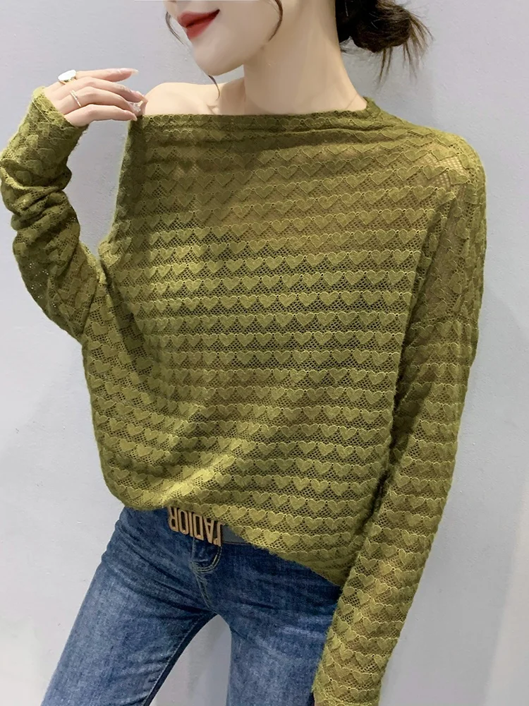 

Модный сексуальный кружевной топ с вырезами для женщин, с длинными рукавами, на сетчатой основе, осенне-зимний, в корейском стиле, свободного кроя