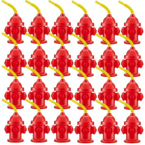 Novelty Fire Hydrant Straw Cups With Lids(4 /6/8/10Pack) 12oz Kids Fireman Birthday Favors Fire Truck Firefighter Party Supplies