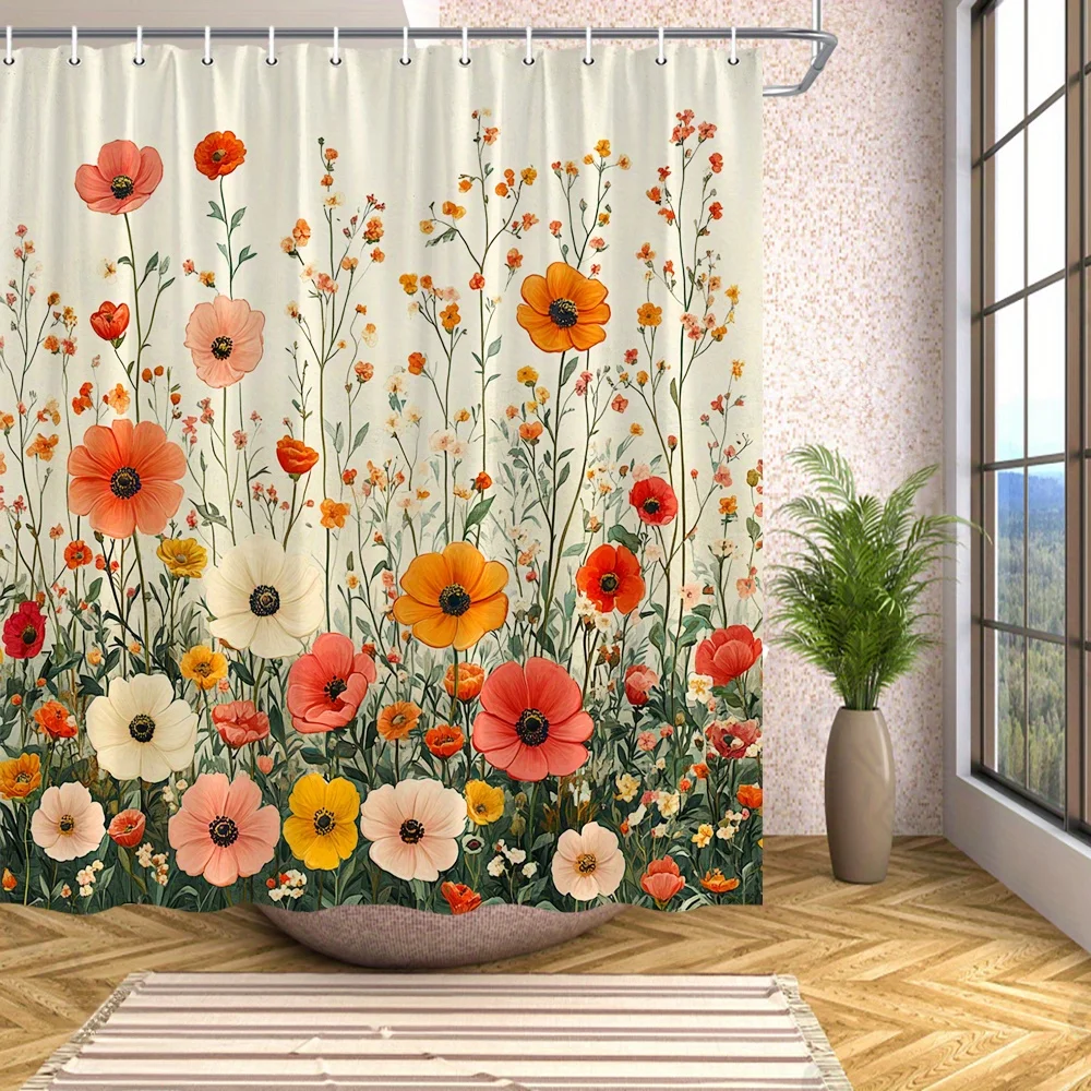 

1pc Lush Flower Field Shower Curtain - Red Poppies & Peonies, Soft Beige Background, Polyester, 70x70", 12 Hooks