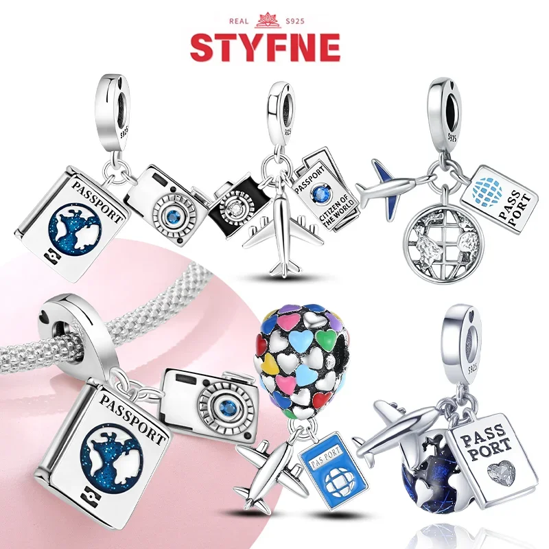 

New Charms Sterling Silver 925 Airplane, Globe & Passport Charm Beads Fit Original Bracelet for Women Diy Jewelry Gift