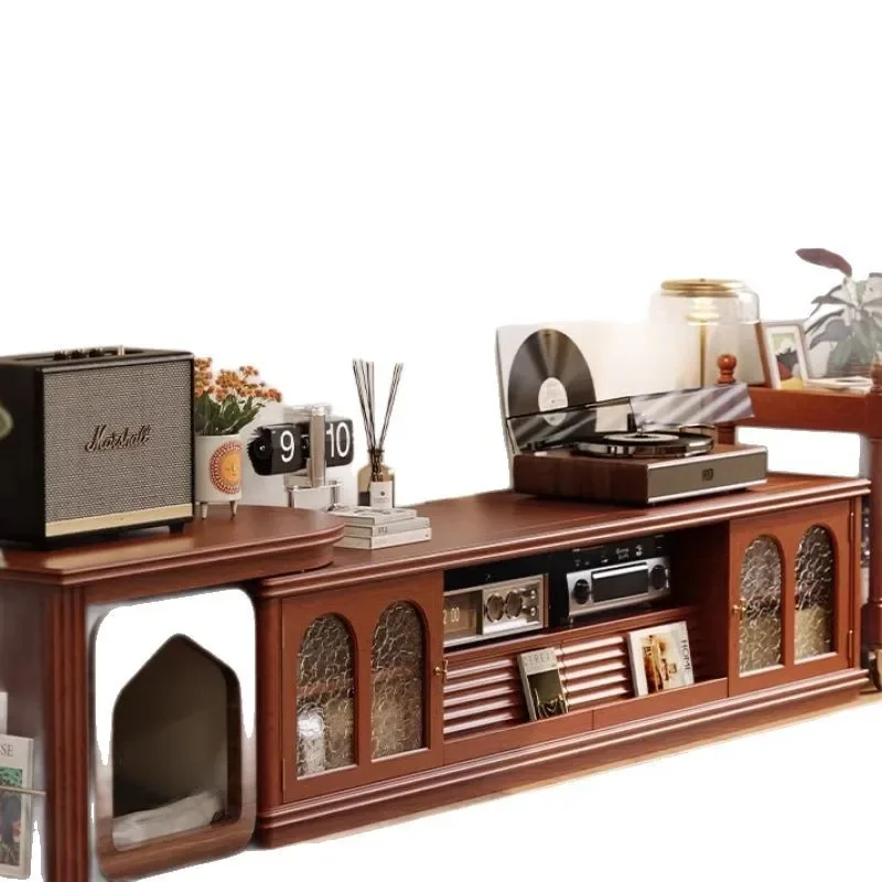 

solid wood living room coffee table combination, floor-to-ceiling cherry wood retro telescopic TV cabinet