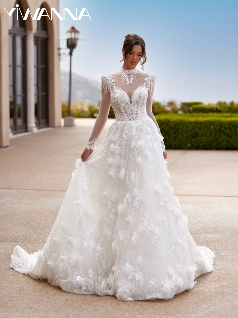 

Exquisite Beaded Long Sleeve Wedding Dress Graceful 3D Flower A-line Bridal Gown Customized Modest High Collar Dresses For Bride