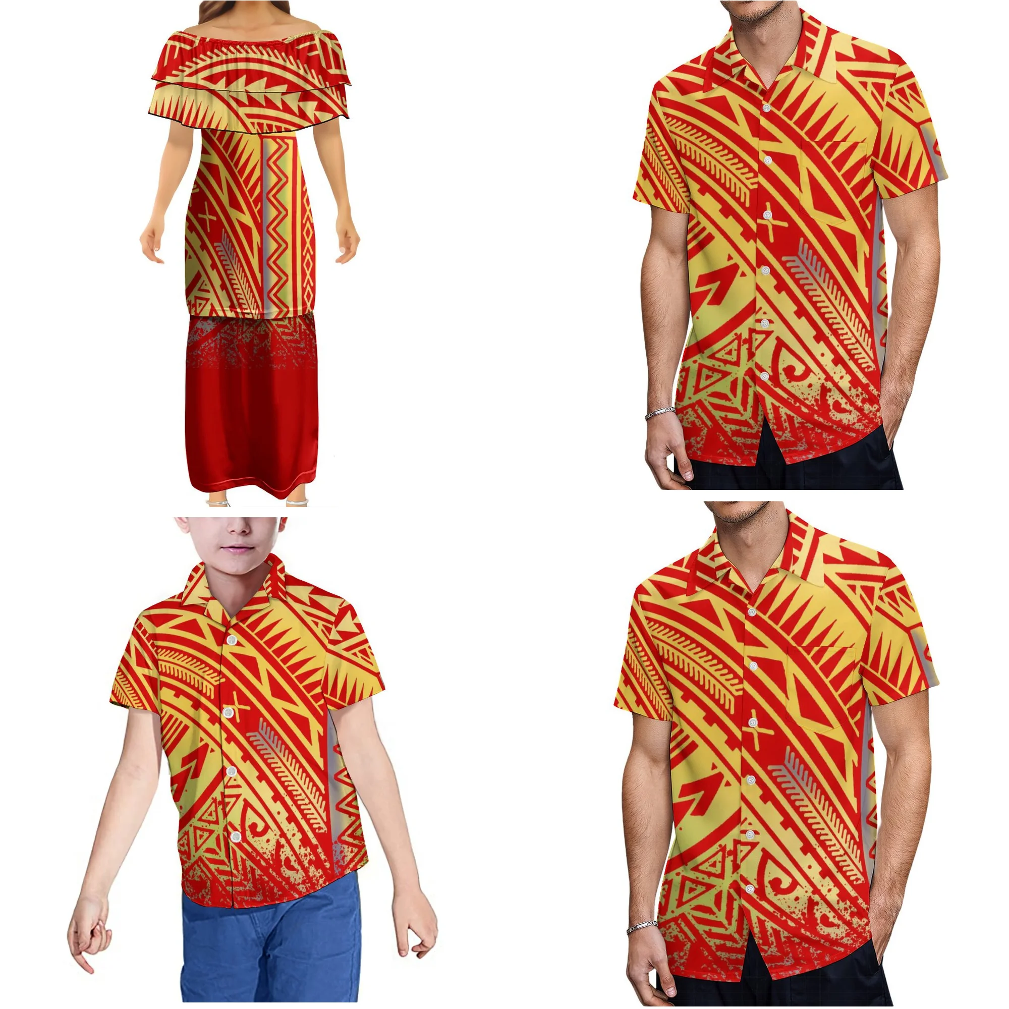 

New Arrivals Plu Size Adult Children's Clothing 4-piece Set Polynesian Tribal custom Puletasi Dress boy Shirt Casual Family Sets