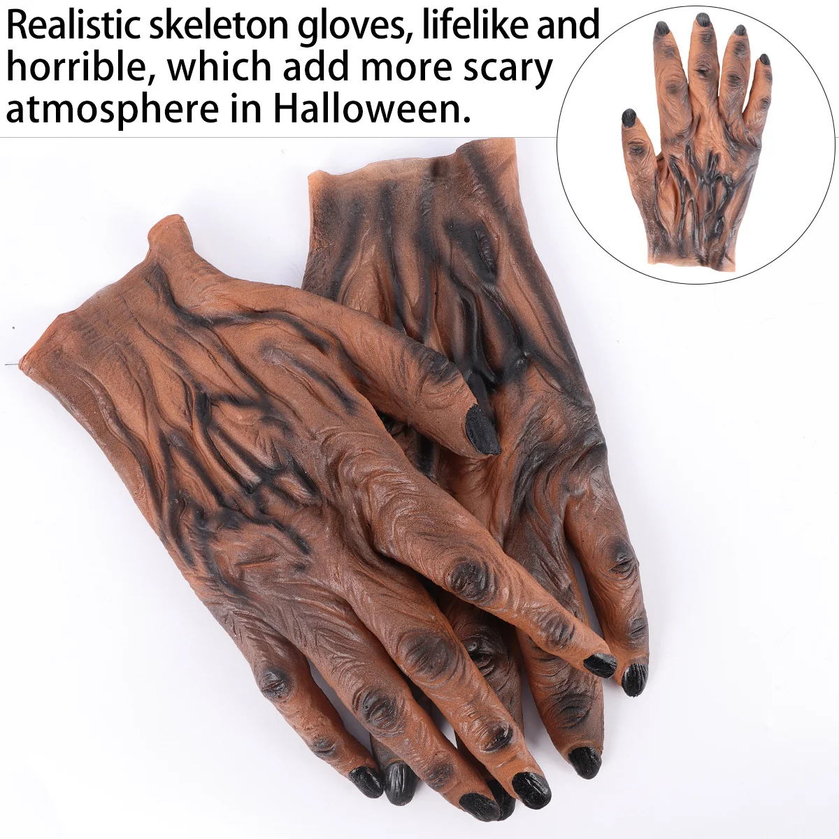 Par de guantes de hombre lobo, accesorios de miedo marrones para Halloween, accesorio para disfraz de Halloween, decoración de vinilo, accesorios para fiesta, guantes