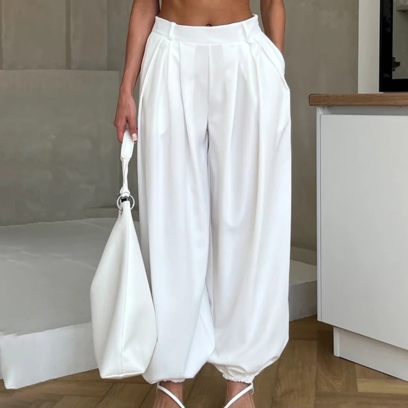 Typhaland Loose Cuffed Trousers Women's Solid Pleated High-Waisted White Casual Commuting Foot-Binding Trousers 2026 Summer New