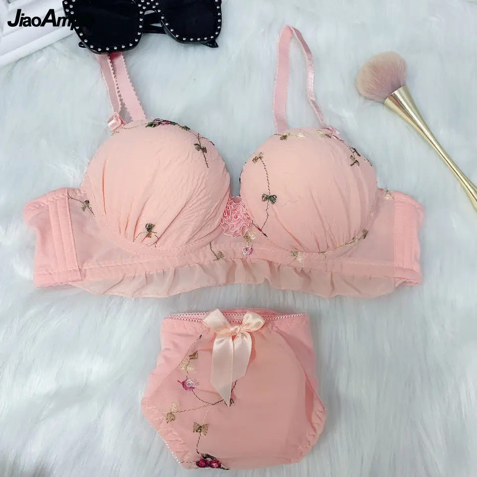 Japan Korean Student Cute Lace Bow Underwear Set Women Sweet Lolita Style Sweet Pink Underwire Push Up Bra Brief Outfit Lingerie