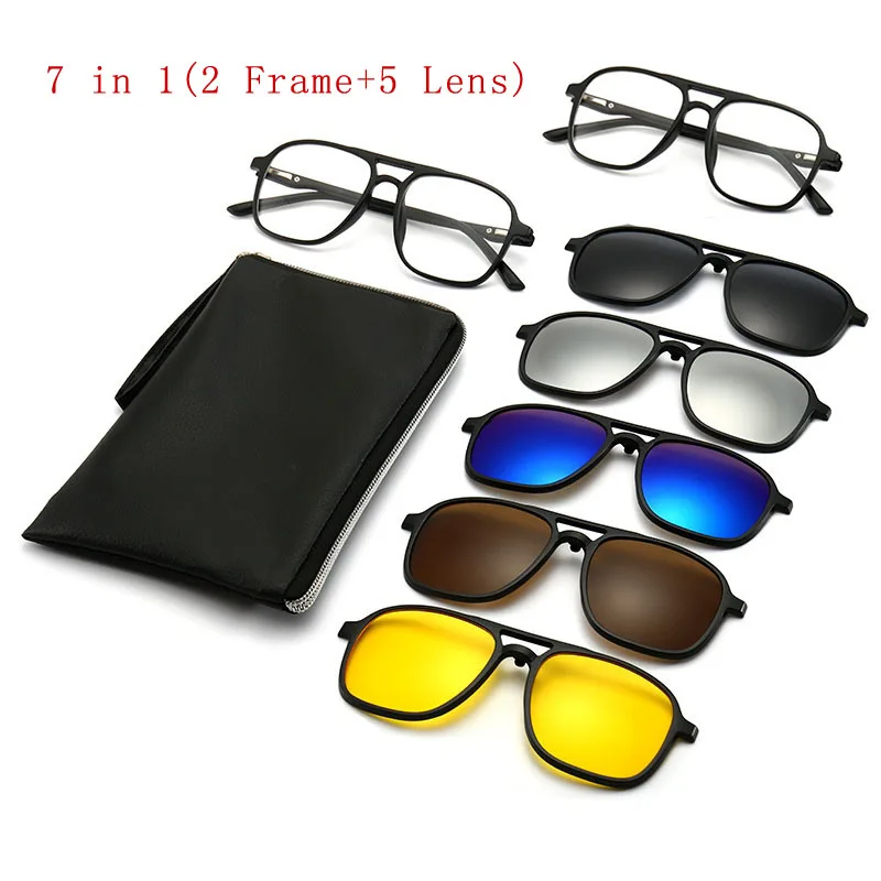 

7 In 1 (2 Frames+5 Lens)TR90 Polarized Optical Sunglasses Clip on Magnet Myopia Prescription Glasses Frame Men Women Eyeglasses