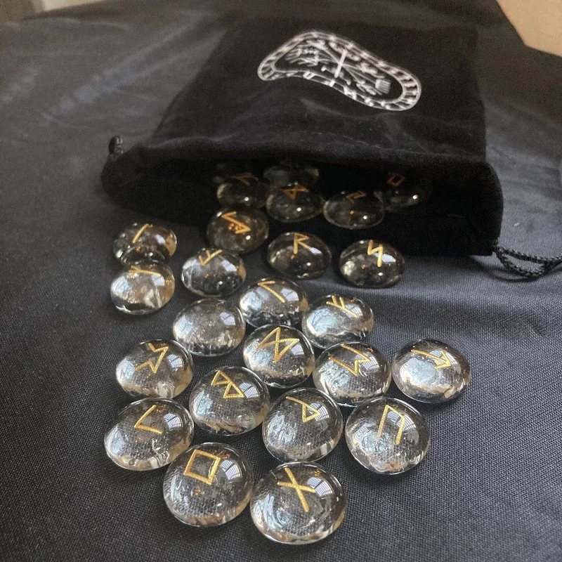 25Pcs/set Clear Runes Stones With bag&box Viking Rune Divination Fortune-telling  Props Occultism Altar Witchcraft supplies