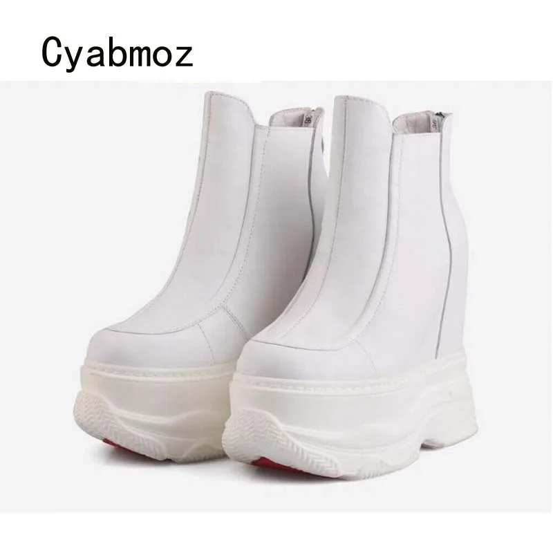 Cyabmoz genuine leather height increasing sneakers women high heels 14cm platform ladies casual shoes wedges Breathable pumps