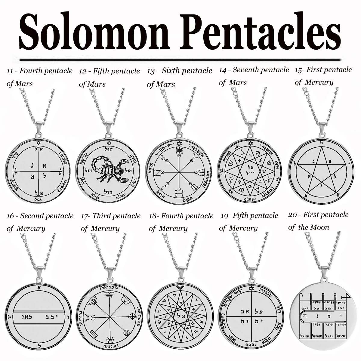 

Silver Color 44 Solomon Pentacles Seal of Jupiter Mars Mercury Moon Saturn Sun Venus Talisman Pendant Stainless Steel Necklace