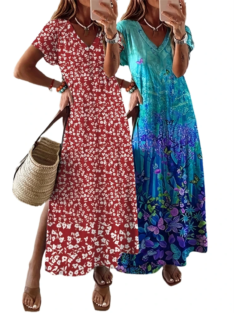 

Женское платье с v-образным вырезом и разрезом с цветочным принтом, летнее длинное платье с короткими рукавами, элегантные свободные пляжные платья для отдыха, модная уличная одежда