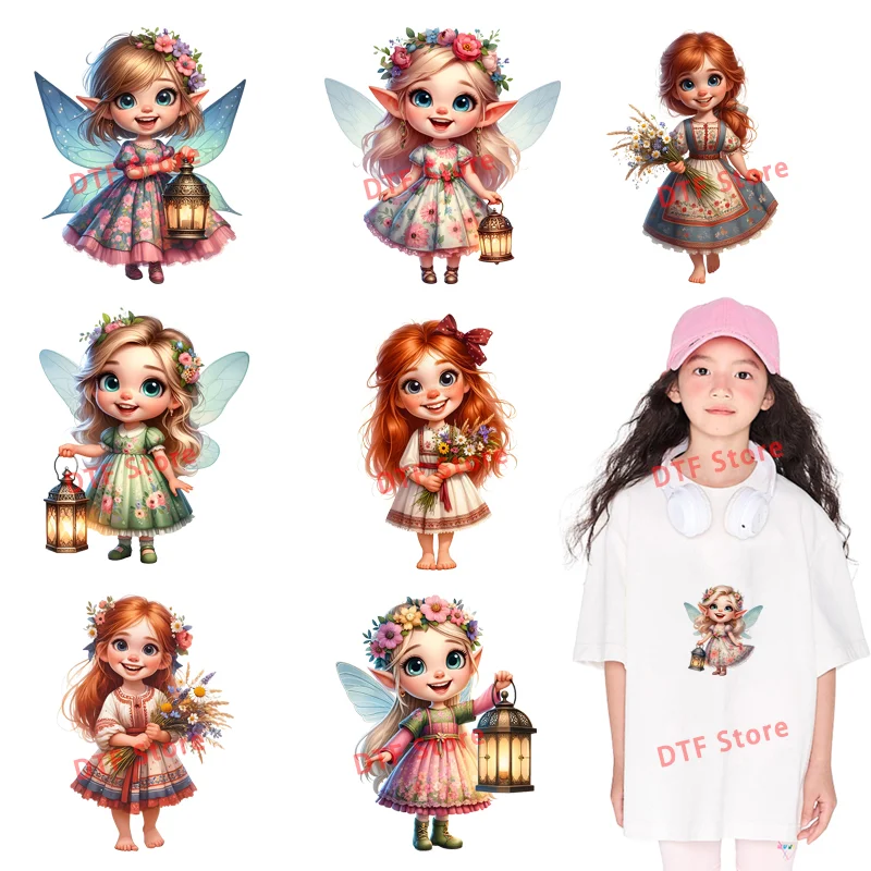 The elf girl holding a lantern in her hand DTF Heat Transfer On Clothes Patches Stripes on Kids Clothes Iron On Patch