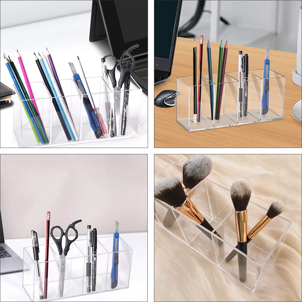 

4PCS Acrylic Pen Holder 4 Compartment Clear Stationery ganizer Desktop Storage Container for Makeup Brushes Cosmetics Jewelry