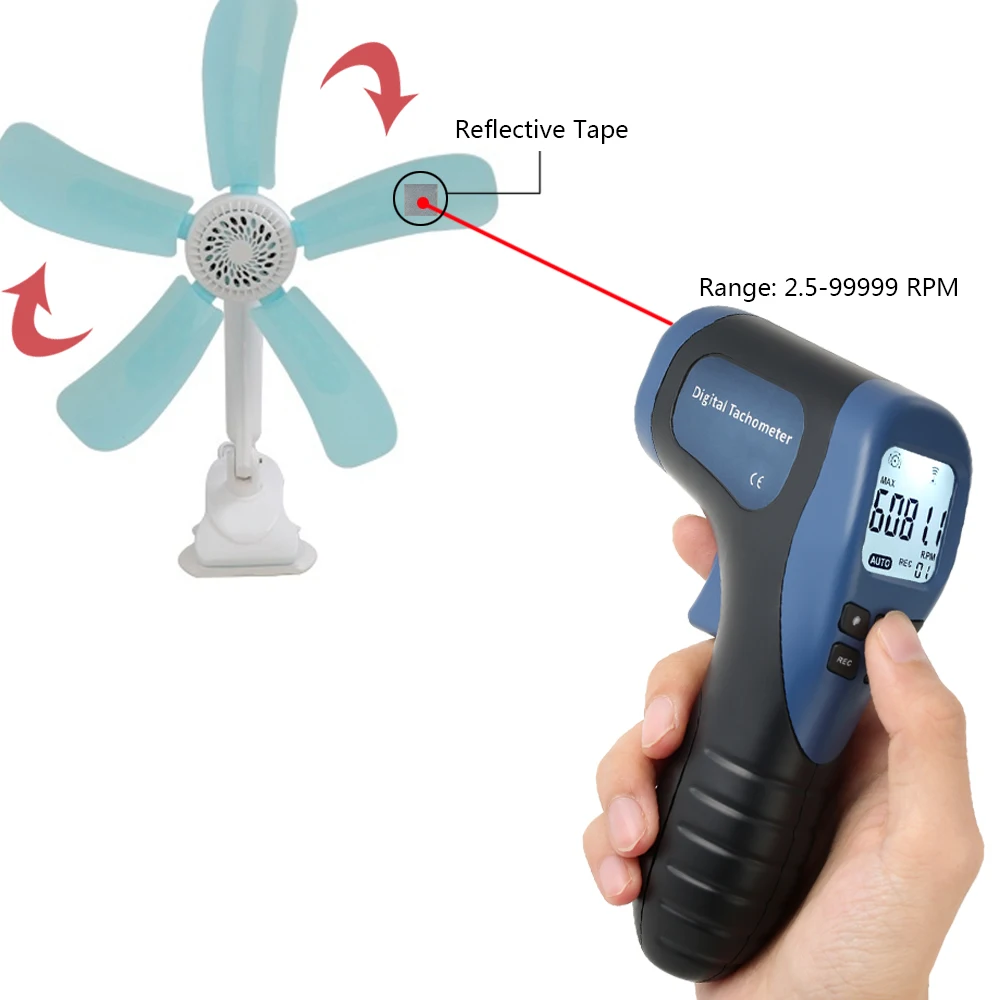 Handheld Digital LCD Photo Tachometer Laser Non-Contact Tach Range 2.5-99999RPM Motor Speed Meter with 1pc Reflective Tape