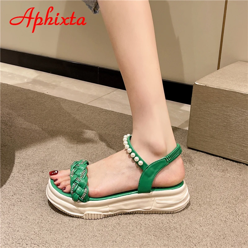 Aphixta Summer Green PearlString Bead Sandals Women Platfom 5cm Wedge Heel Shoes Contexture Rope Cool Crystals Slide