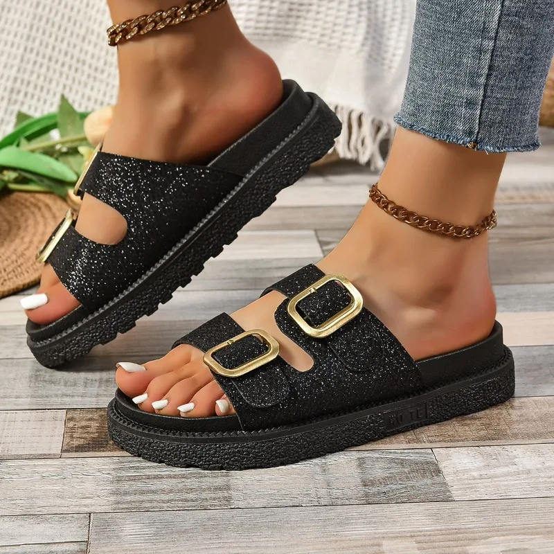 Women\'s Slippers Summer New Thick Bottom Round Head Open Toe Cowhide Buckle Slippers Casual Comfort Increase Non-slip Sandals