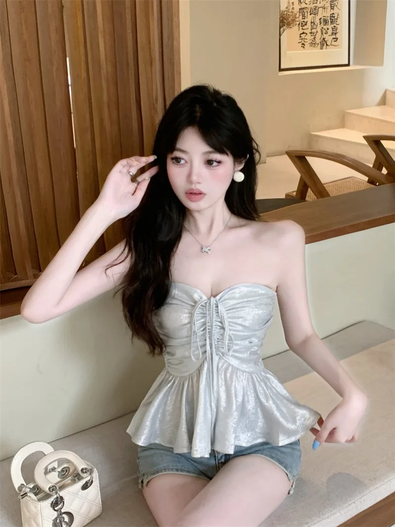 Sexy Summer Camisole Top Women's Outerwear Folded Waist Small Strap Vest Sweet Style Fashionable Sun Protection Clothes