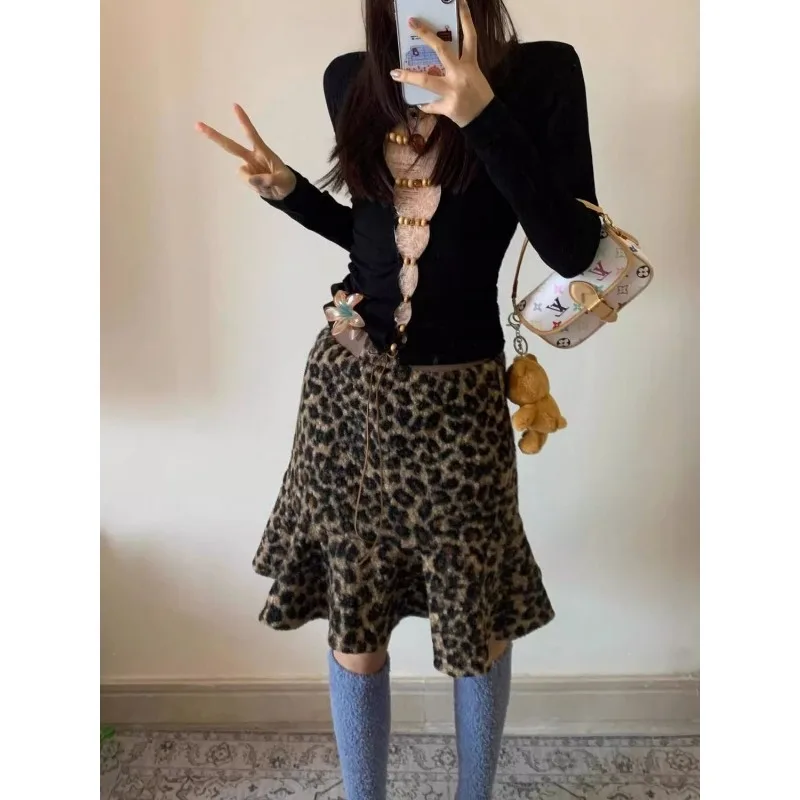 Women Vintage Leopard Print Woolen Skirt Ruffle Hem High Waist A Line Mermaid Mini Skirt Autumn Bottoms