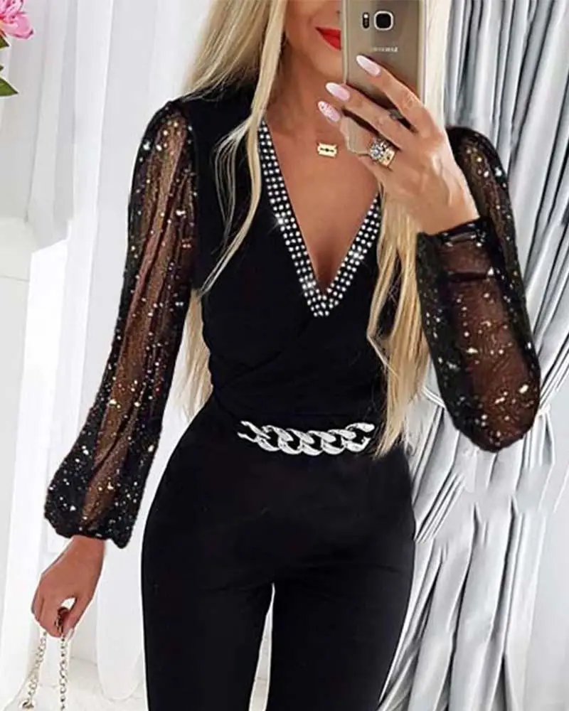 Deep V Neck Mesh Long Sleeve Jumpsuit One Piece Overall Women Black Elegant Rhinestone Chain Glitter Party Night Sexy Bodysuits