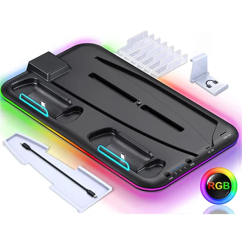 Soporte para PS5 y estación de refrigeración Turbo con estación de carga de controlador para Playsation 5 Digital/disco, luz RGB, soporte para auriculares