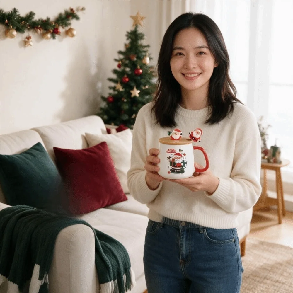 400ML Christmas Ceramic Coffee Mug Santa Claus Deer Snowman Pattern with Lid and Spoon Drink Cup Heat-resistant Glazed