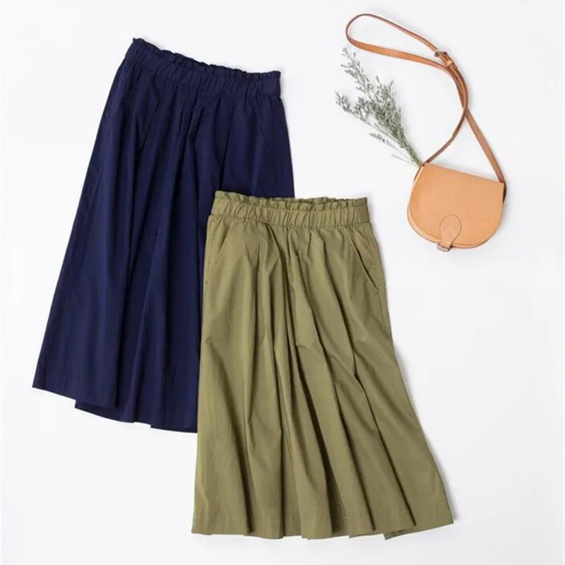 Cotton Linen Vintage Women clothing Bottoms 2025 Pure Women Casual Skirt for girl pleated Female skirts with pocket
