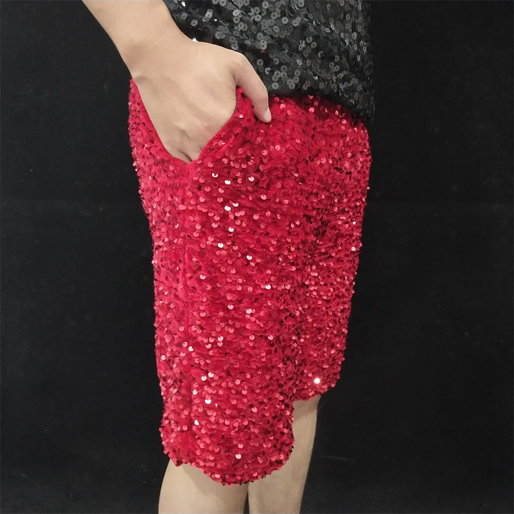 Carnival Party Male Velvet Sequins Shorts Red Laser Mirror Loose Casual Pants Bar Nightclub Singer Stage Performance Costume