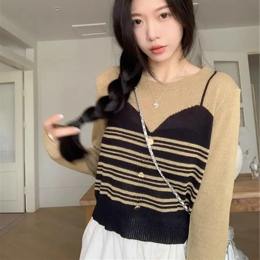 Fake Two Knitted Shirt Women Autumn Korean Contrast Stripe Long Sleeve Knitted Top