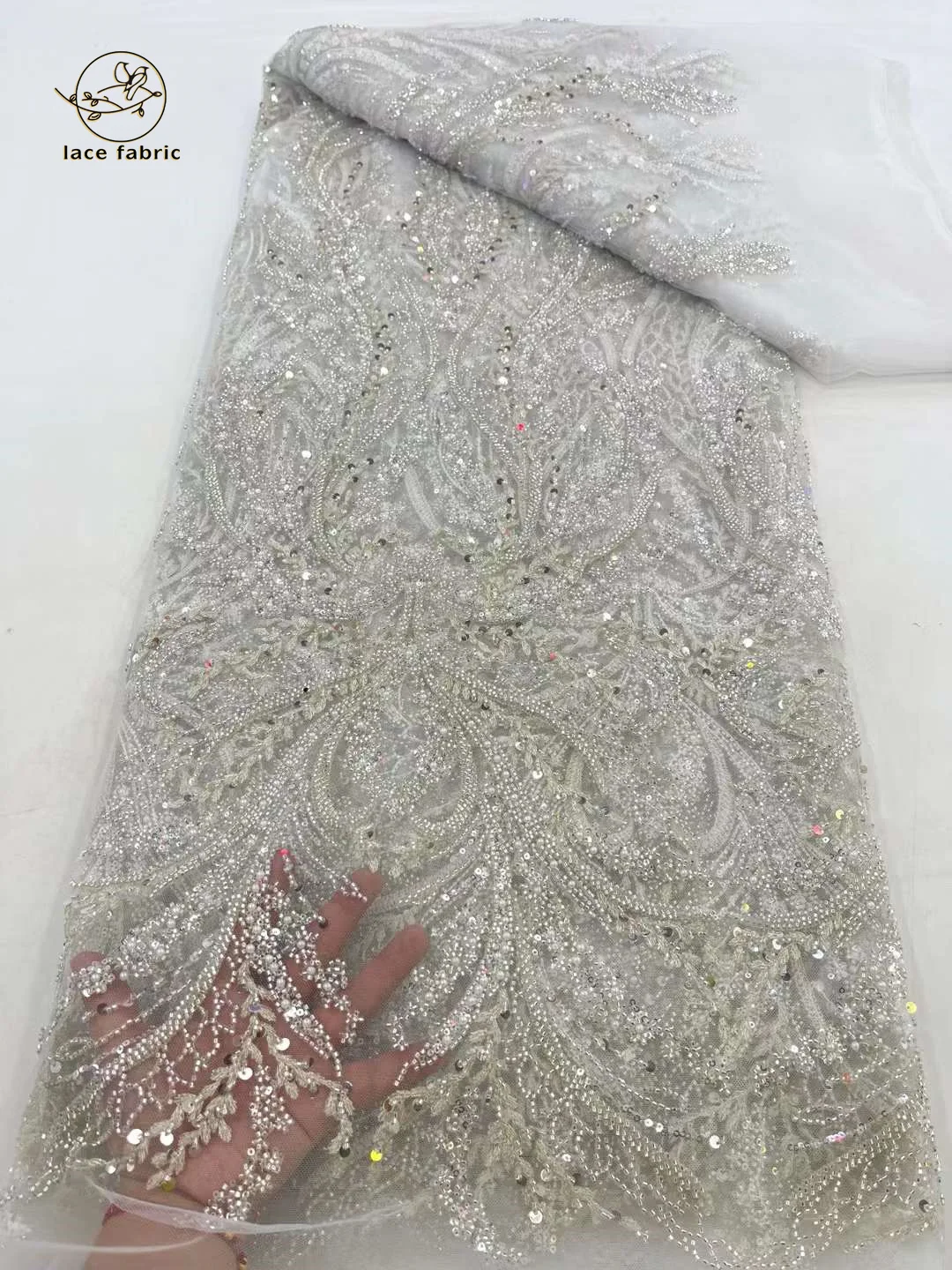 Fashion Heavy Beaded African Lace High Quality Nigerian Sequins Tulle White Embroidery Fabric for Wedding Bridal Dresses Sewing