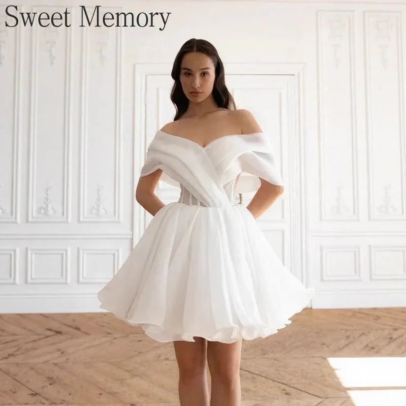 M144 Customized Boat Neck Short White Bride Dress Sweet Memory Luxury Gown Princess Off The Shoulder Lace Up Wedding Dresses