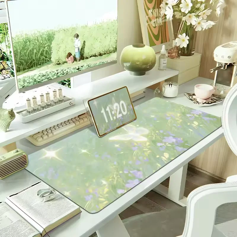 

Летний коврик для мыши XXL из кожи с рисунком джунглей, зеленых цветов и бабочек, для киберспорта, игр, офиса, декоративный коврик для стола