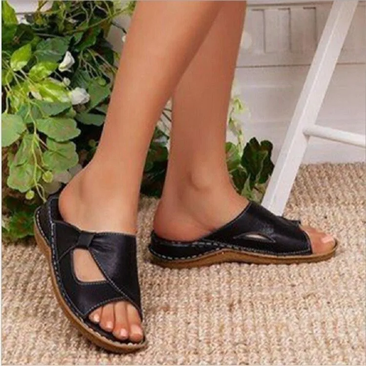 Women Arch Support Leather Sandals Slippers Summer PU Slope Heel Thick Sole Breathable Casual Slippers Sandals