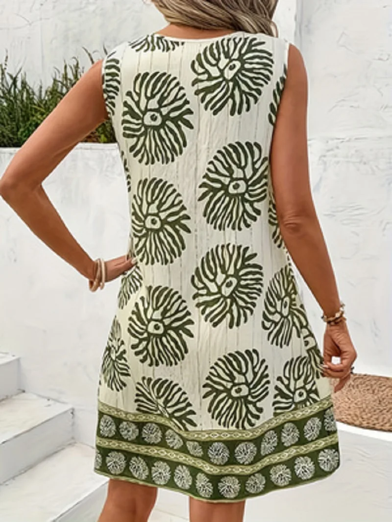 Ärmelloses, bedrucktes Minikleid für Damen, V-Ausschnitt mit Ringausschnitt, lockeres, lässiges Sommer-Strandkleid – Detail 2