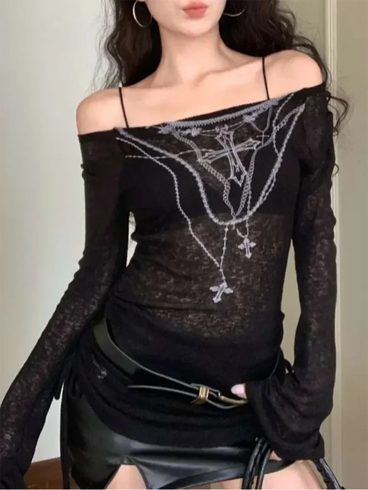 

New Fashion Women Off Shoulder Black Long Sleeve T-Shirt Korean Retro Gothic Y2K High Printed Thin Knitted One Word Neck T-Shirt