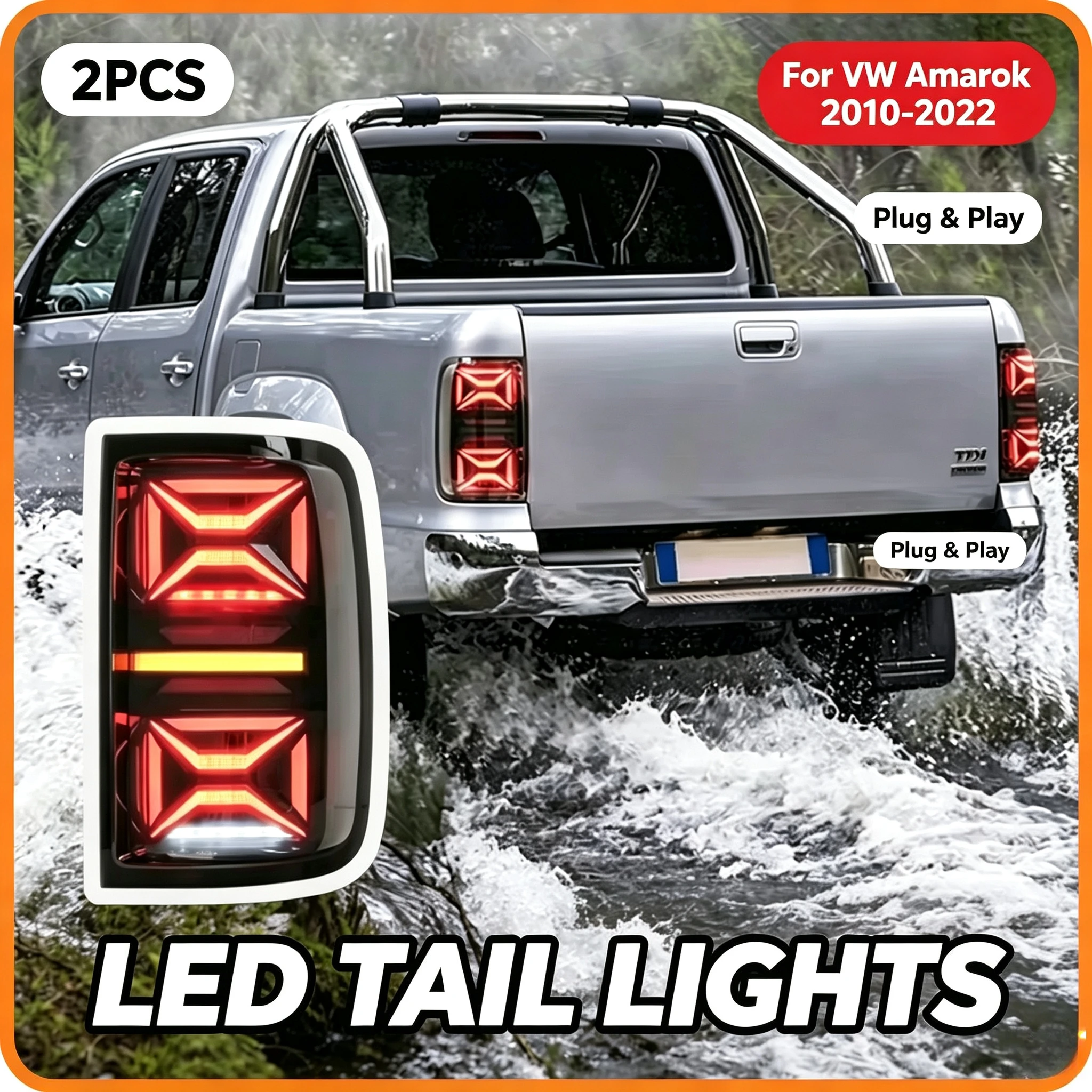 2 Stück LED-Rückleuchten für VW Amarok 2010-2022 Rücklampen DRL Sequentieller Blinker Plug & Play