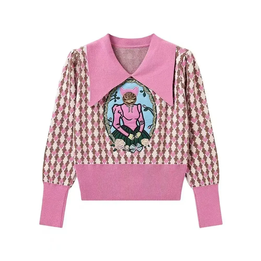 French Design Luxury Brand Swezter Tops Female Y2K Women Embroidery Cartoon Patchwork Pullovers Long Sleeve Knitted Party 2024