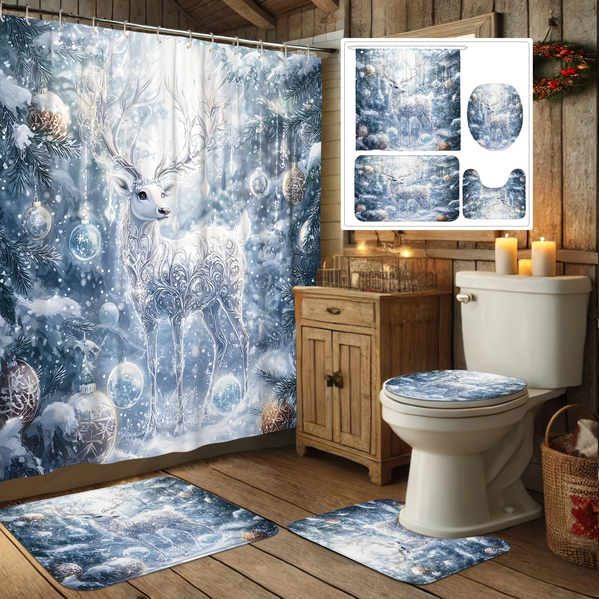 

Рождественский душевой набор из 4 предметов — полиэстер с принтом оленей и орнаментов, 12 крючков, нескользящий коврик, можно стирать в машине, праздничный декор