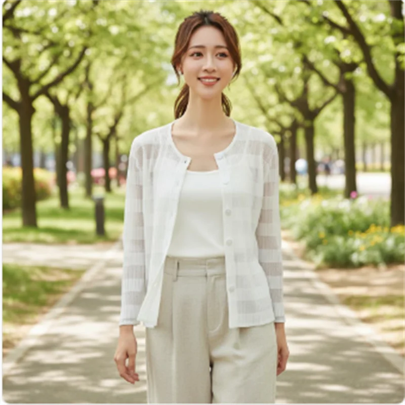 

Miyake Hollow Striped Casual Sun Protection Jackets Women's Round Neck Long Sleeve Single Breasted Jacket 2026 Summer New