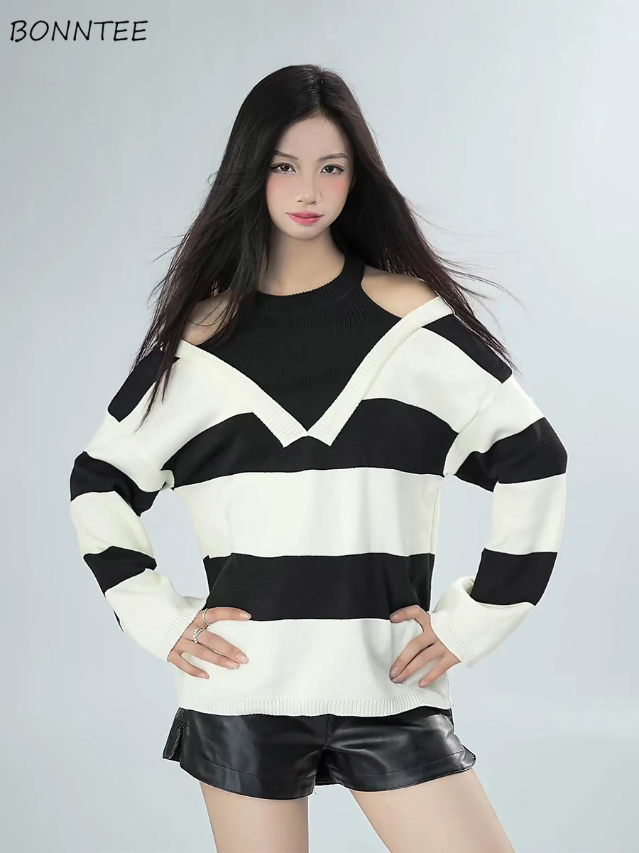 

Knitted Striped Pullovers Women Slouchy All-match Gentle Designed Casual Sweater Aesthetic Clothing Jumper Fake Two Pieces Ins